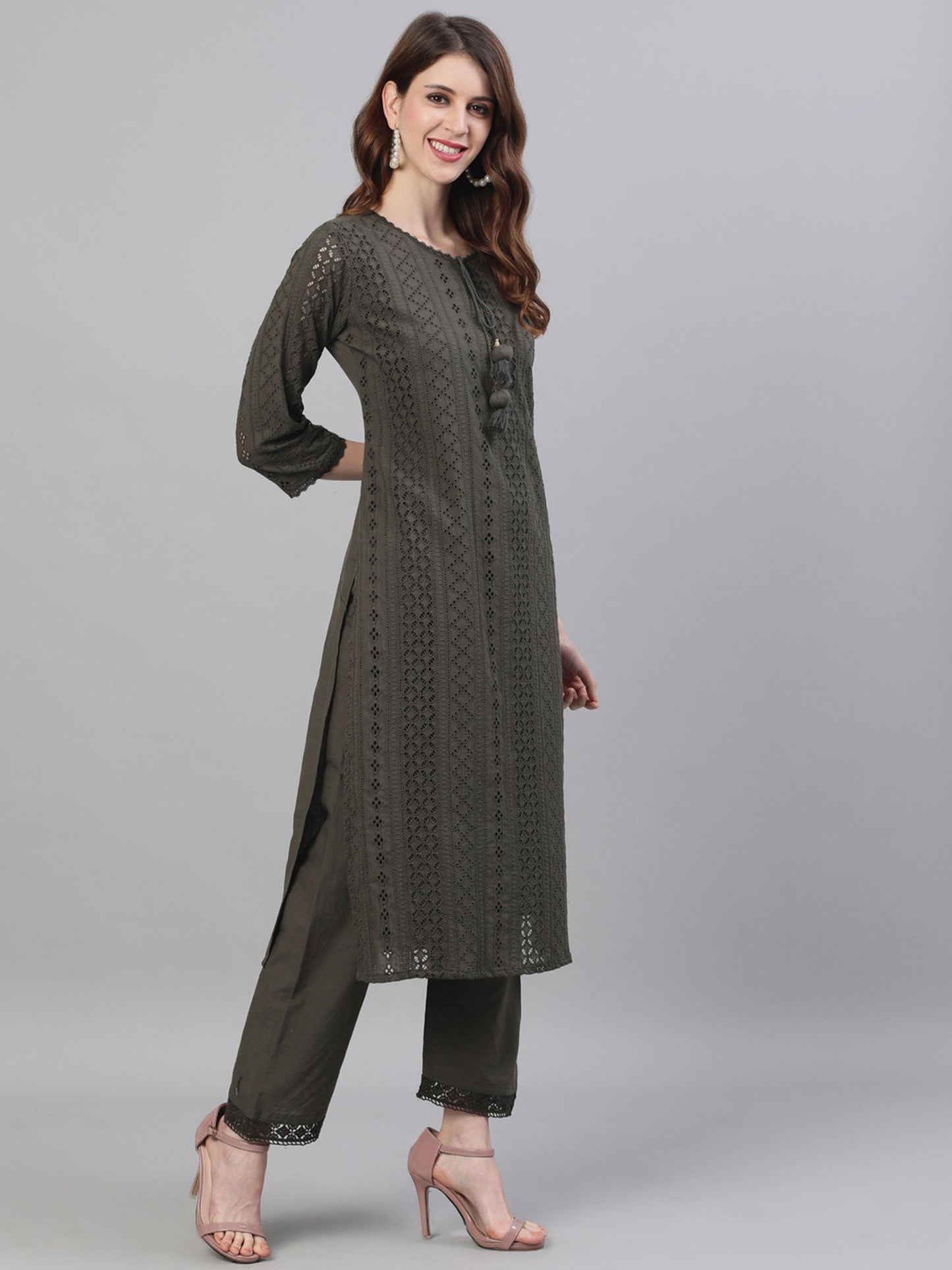 ISHIN Women Cotton Olive schiffli Embroidered A-Line Kurta and Trouser with Dupatta (Set of 3)