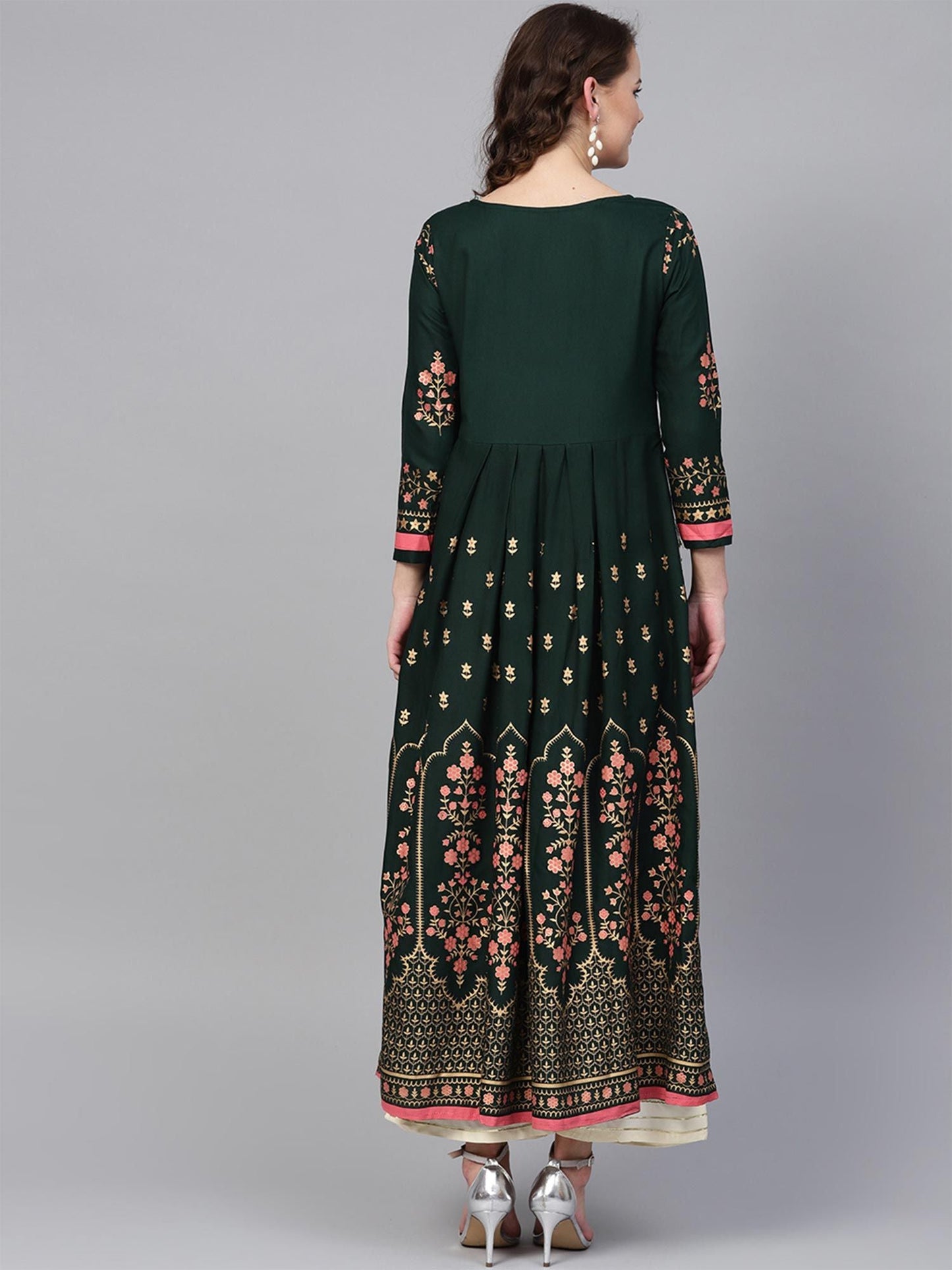 ISHIN Women Rayon Green Printed Anarkali Kurta