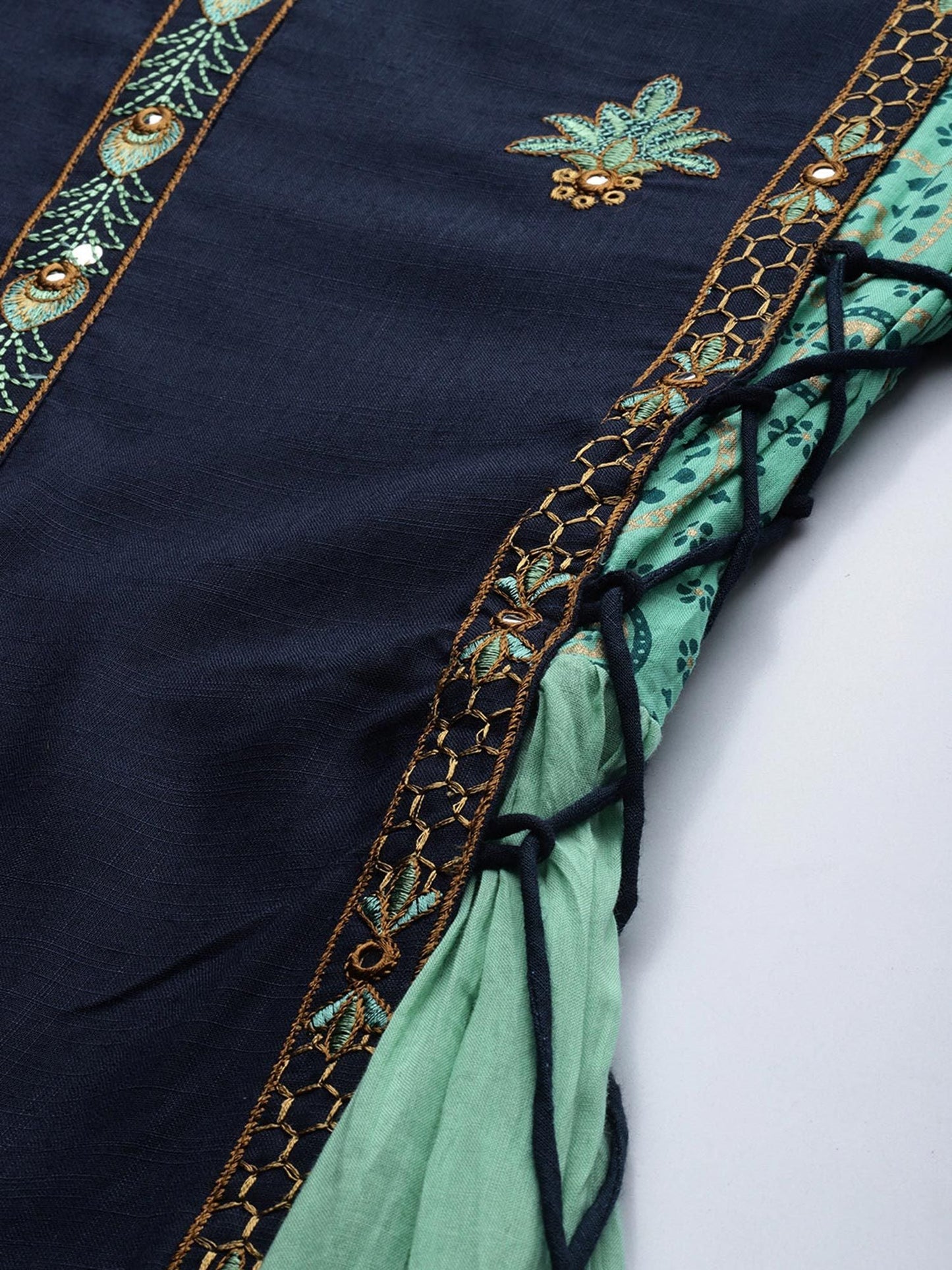 ISHIN Rayon Blue & Sea Green Embroidered Layered Kurta
