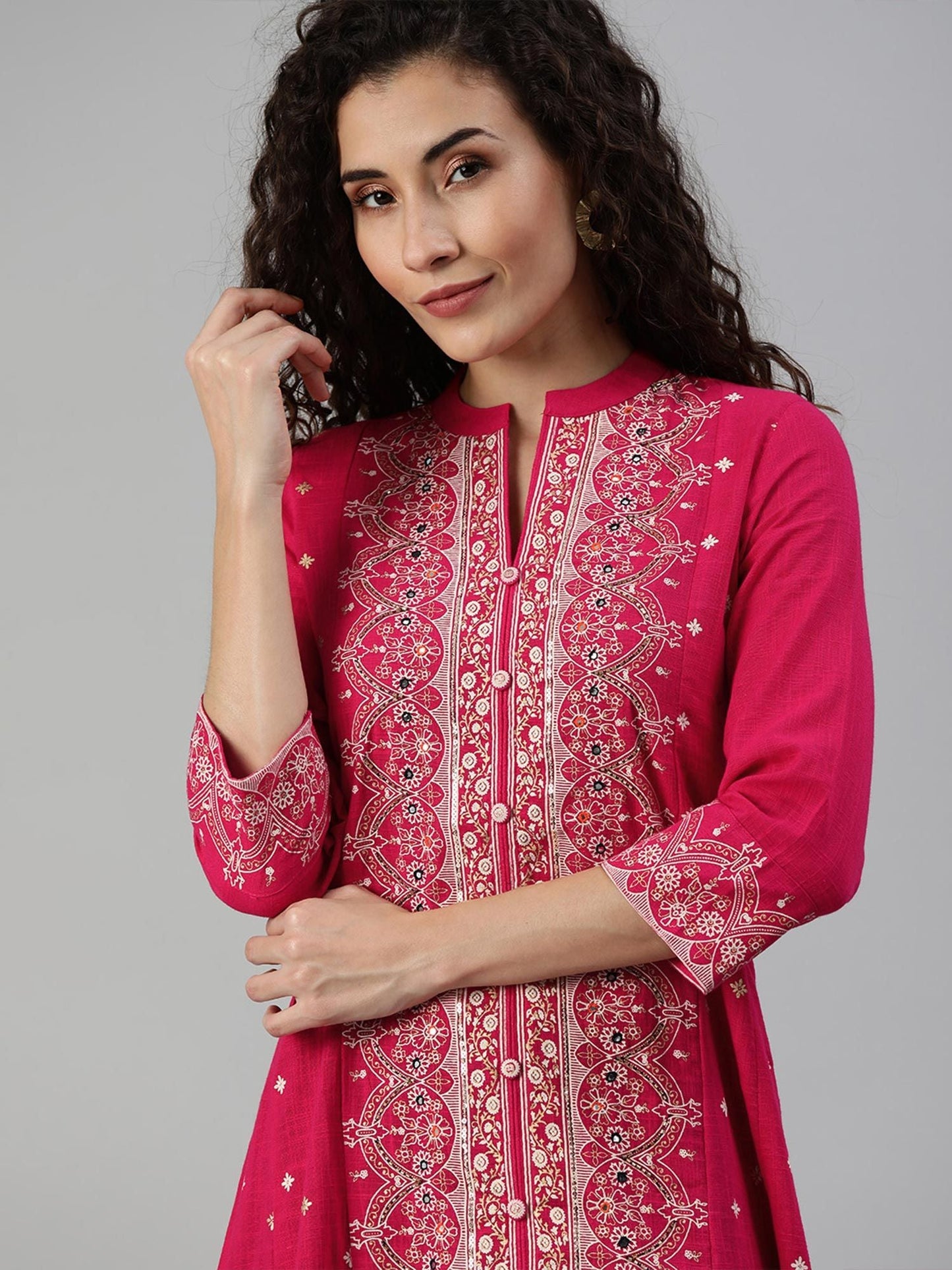 ISHIN Cotton Pink Embellished Anarkali Kurta