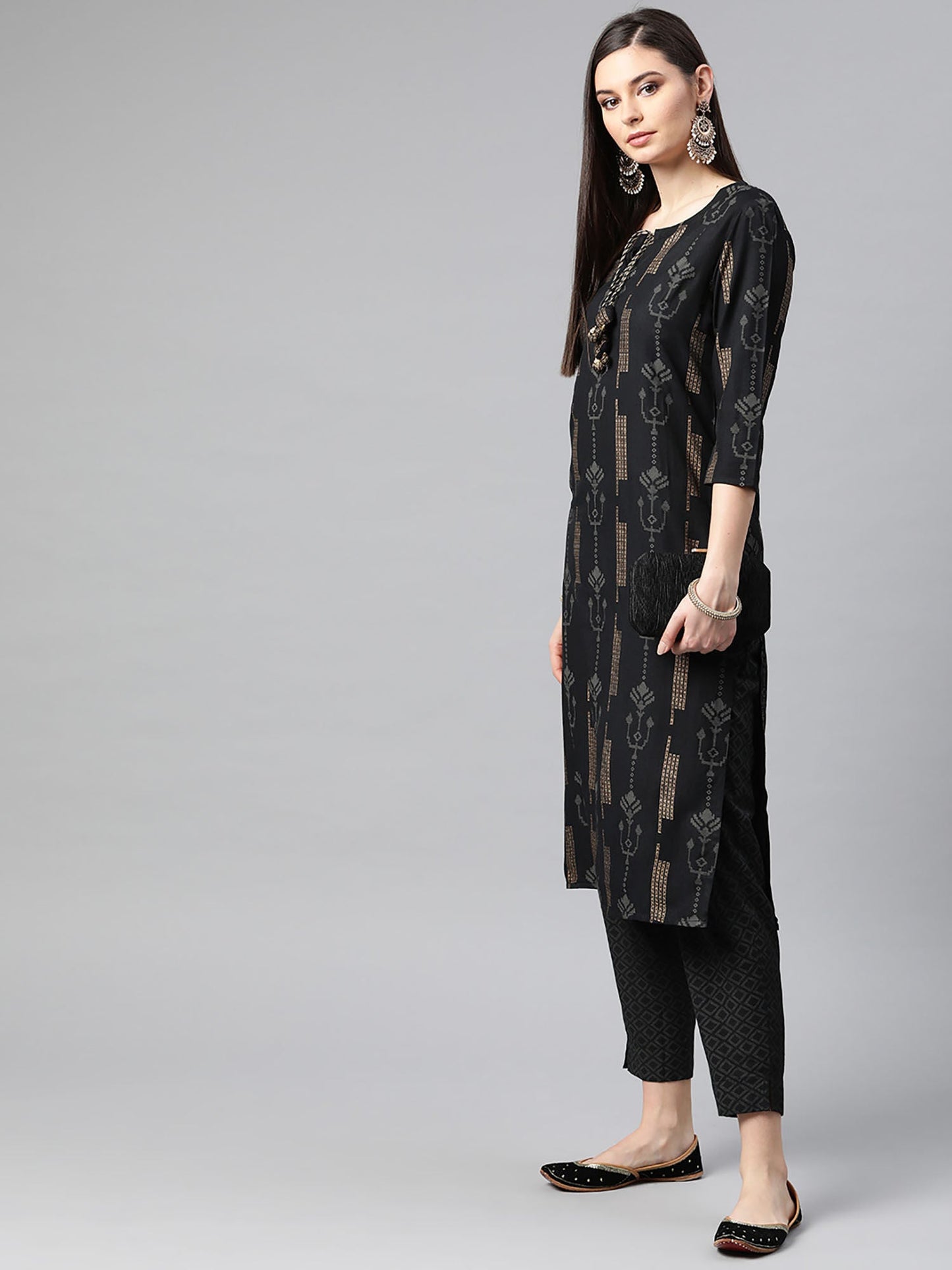 PIROH Womens Rayon Geometrical Gold Butta Straight Kurta Trouser Black (Set of 2)