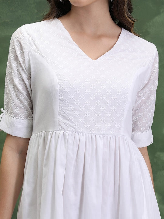Vishudh Floral Embroidered V-Neck Cuffed Sleeves Gathered Detail A-Line Dress