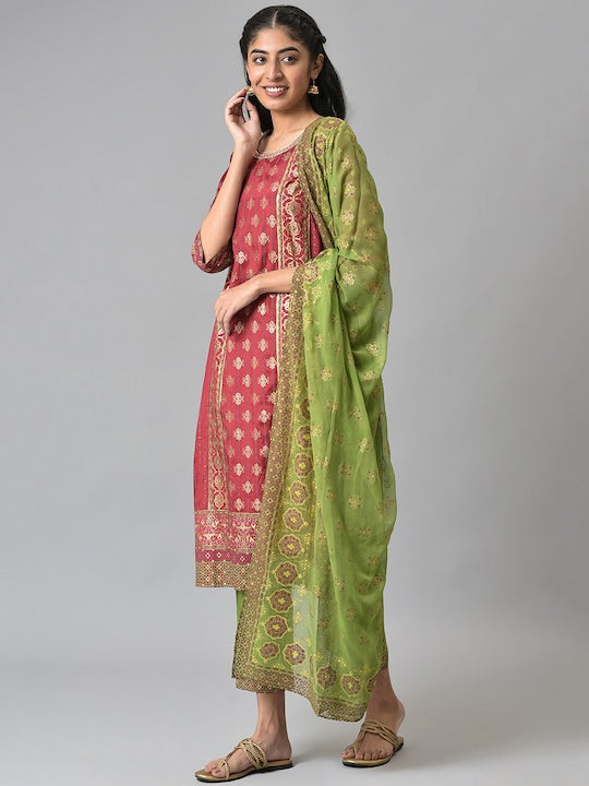 Aurelia Women Red Ethnic Motifs Printed Kurta with Trousers & With Dupatta