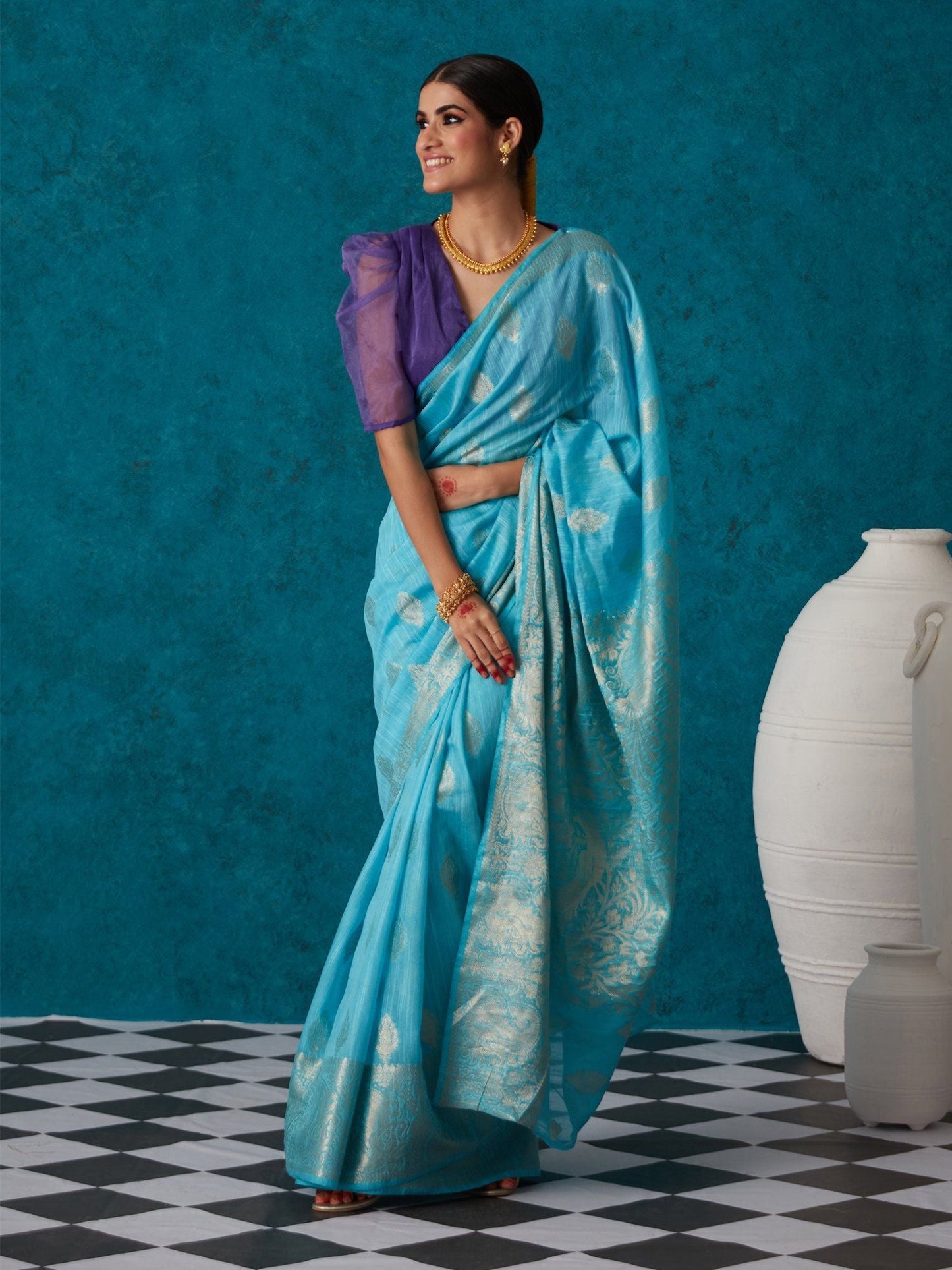 Likha Blue Linen Woven Bhagalpuri Festive Zari Saree & Unstitched Blouse LIKSAR57 (Free Size)