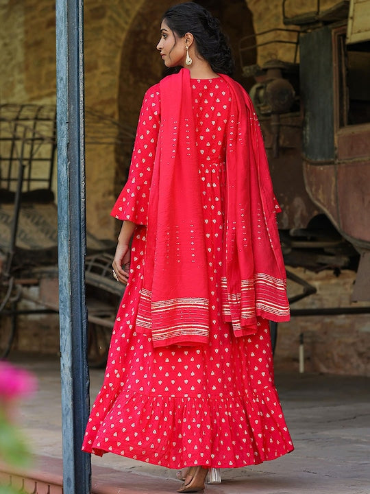 Scakhi Embellished V-Neck Cotton Jacquard Empire Maxi Ethnic Dress With Dupatta