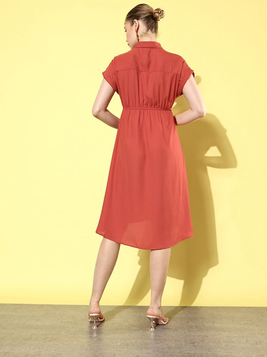 All about you Dusky Rust Shirt Collar Extended Sleeves Lace Stories Fit & Flare Dress
