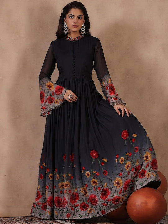 Scakhi Floral Printed Gathered Maxi Ethnic Dress