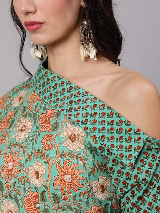 AKS Floral Printed Round Neck Cotton Straight Kurta