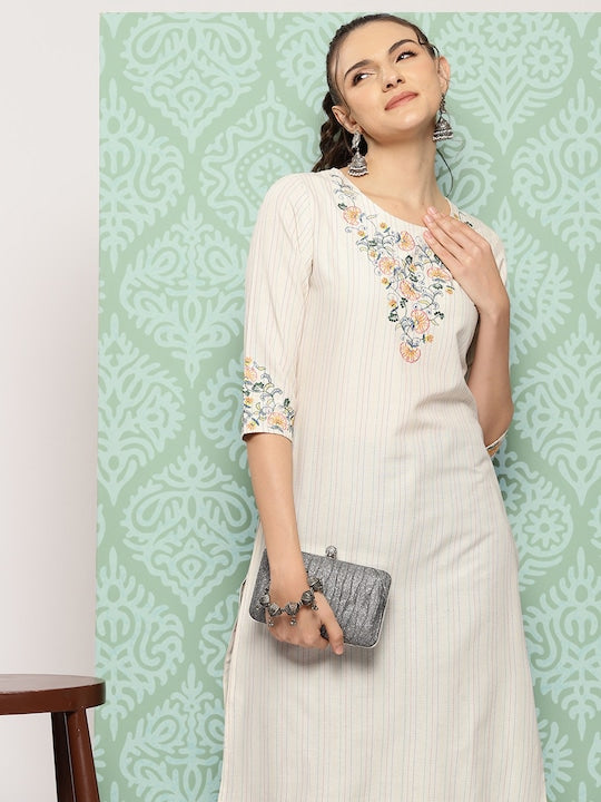 Yufta Striped & Floral Embroidered Thread Work Cotton Kurta