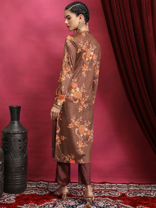 Vishudh Brown Floral Printed Straight Kurta