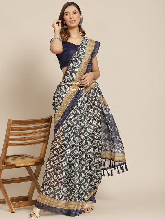 Silk Land Navy Blue & Off White Kalamkari Saree