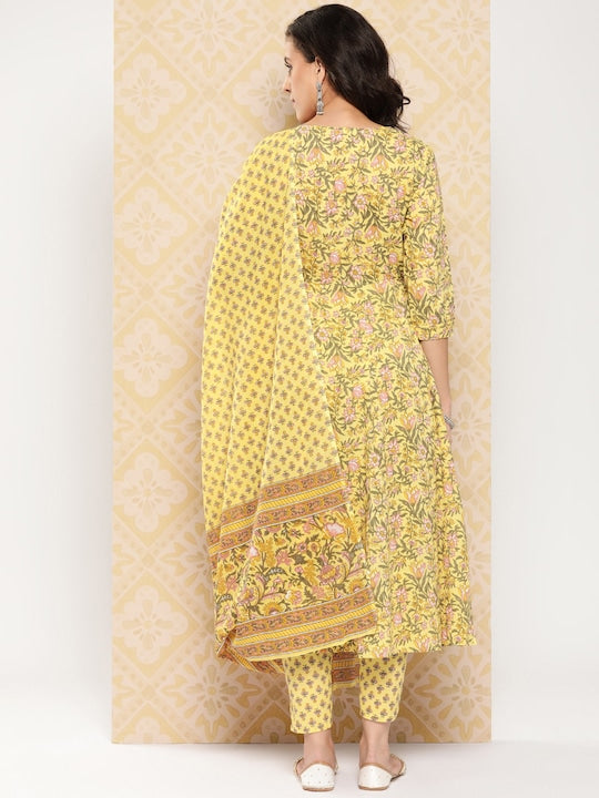 Yufta Floral Printed Anarkali Sequinned Pure Cotton Kurta with Trousers & Dupatta Yellow