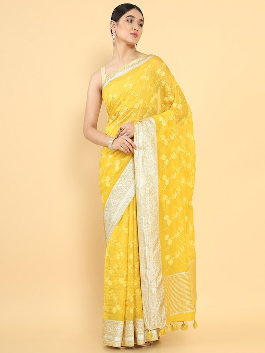 Soch Mustard & Silver Toned Floral Zari Organza Saree