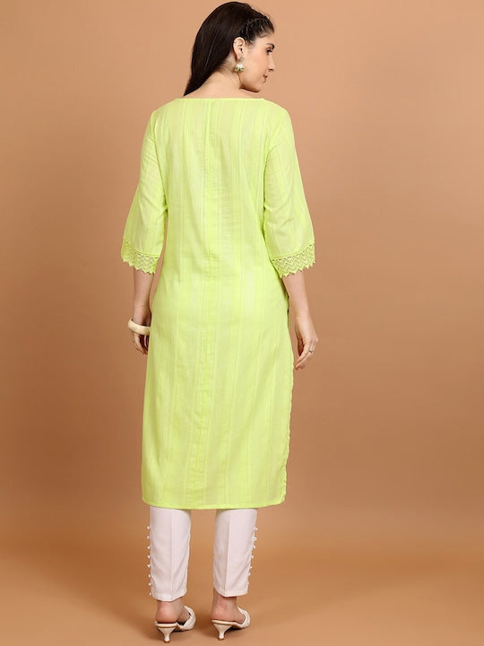 Vishudh Lime Green Striped Pure Cotton Straight Kurta