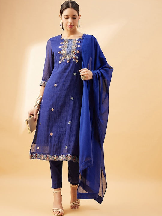 All about you Blue Floral Embroidered Regular Mirror Work Kurta With Trousers & Dupatta