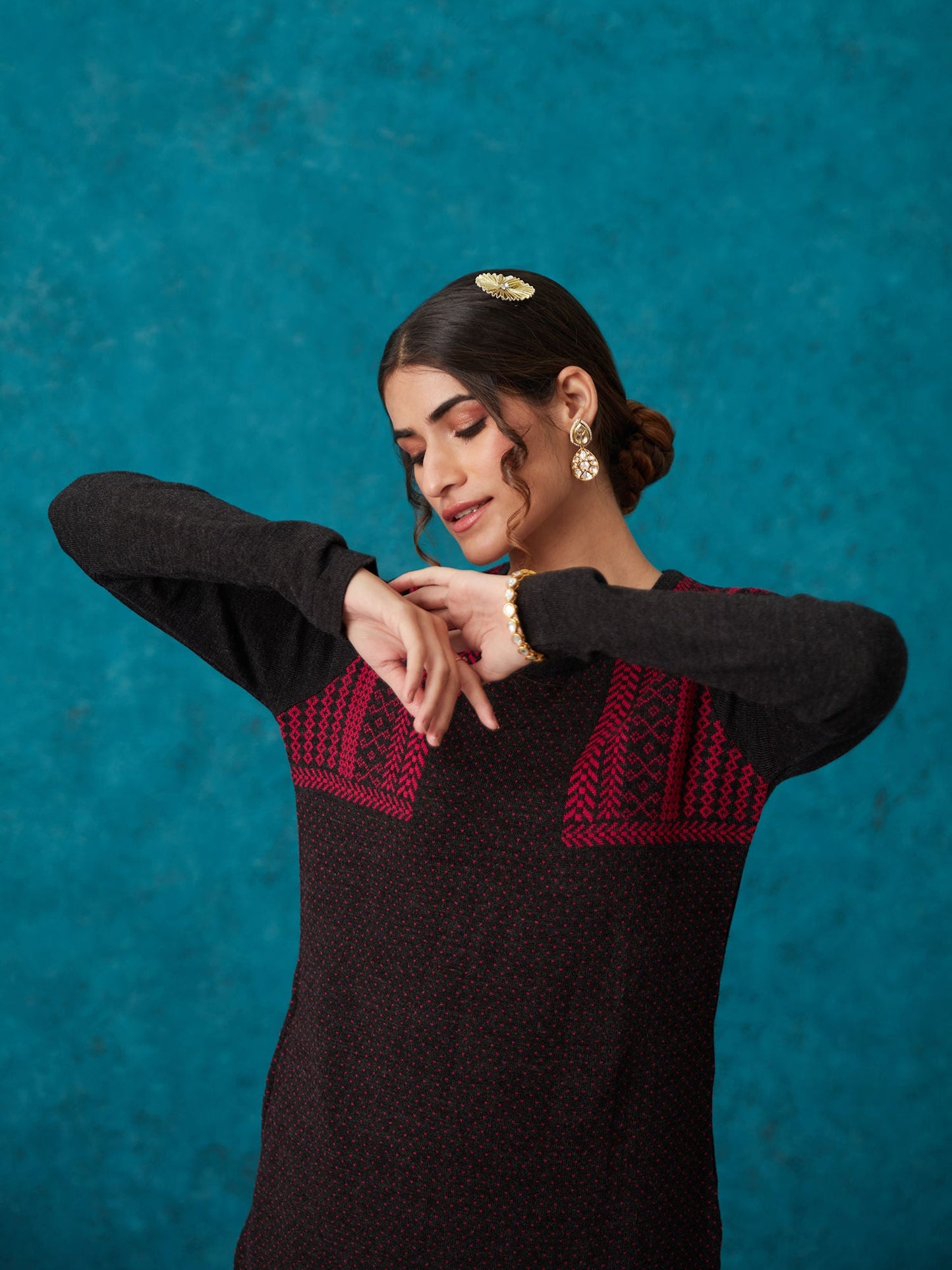 Likha Grey Woollen Acrylic Jacquard Winter Kurta LIKKUR151
