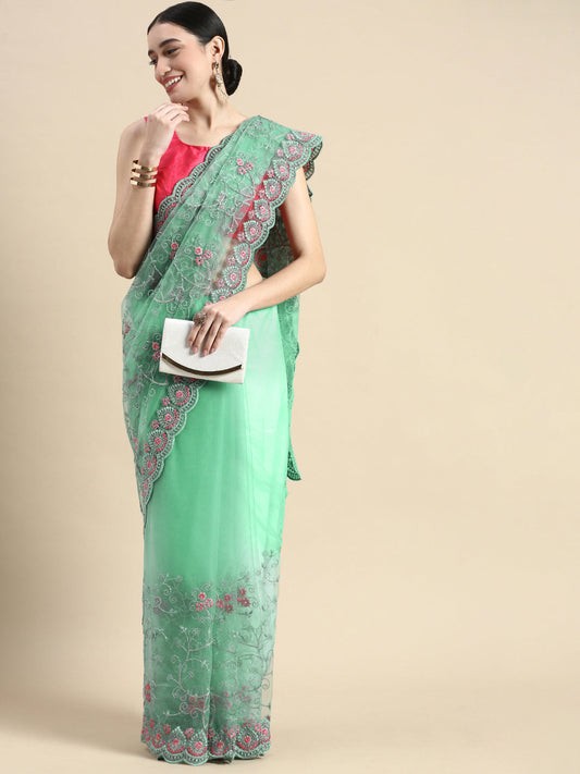 Kasee Sea Green Floral Embroidered Net Saree