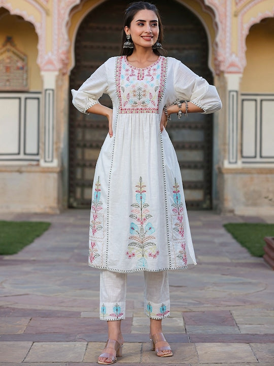 Juniper White & Pink Ethnic Motif Yoke Design Mirror Work A-Line Kurta With Trousers