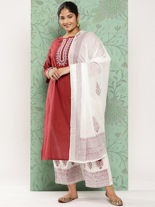 Yufta Plus Size Ethnic Motifs Embroidered Pure Cotton Kurta with Palazzos & With Dupatta Maroon