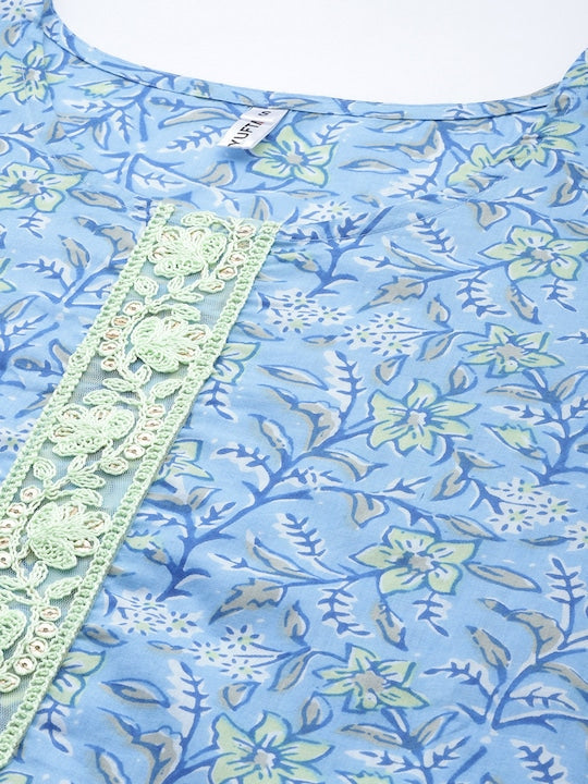Yufta Women Floral Printed Thread Work Pure Cotton Kurta With Trousers & With Dupatta