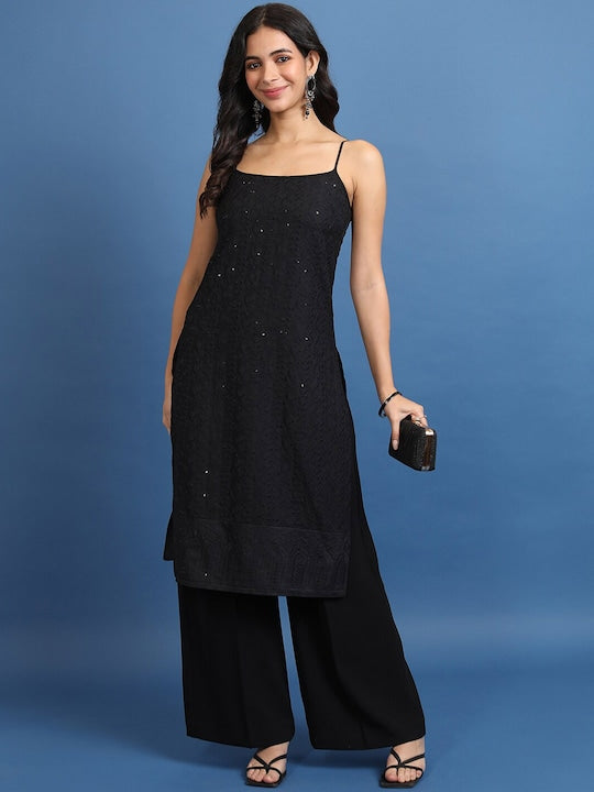 Vishudh Black Floral Embroidered Sequinned Straight Kurta