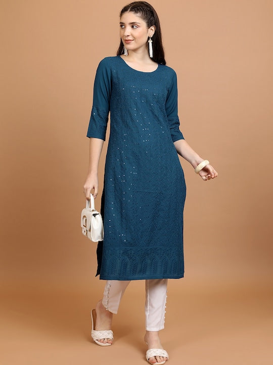 Vishudh Navy Blue Sequinned Embellished Straight Kurta