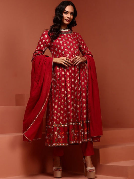 IMARA Ethnic Motifs Printed Thread Work Detailed Anarkali Kurta & Trousers With Dupatta