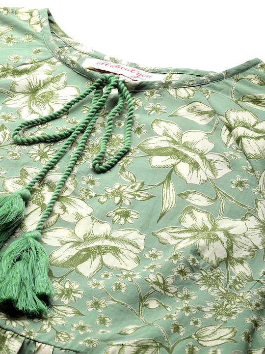 All about you Floral Print Tie-Up Neck A-Line Dress