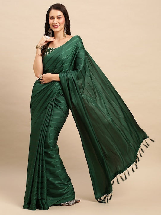 Anouk Striped Satin Saree With Matching Blouse