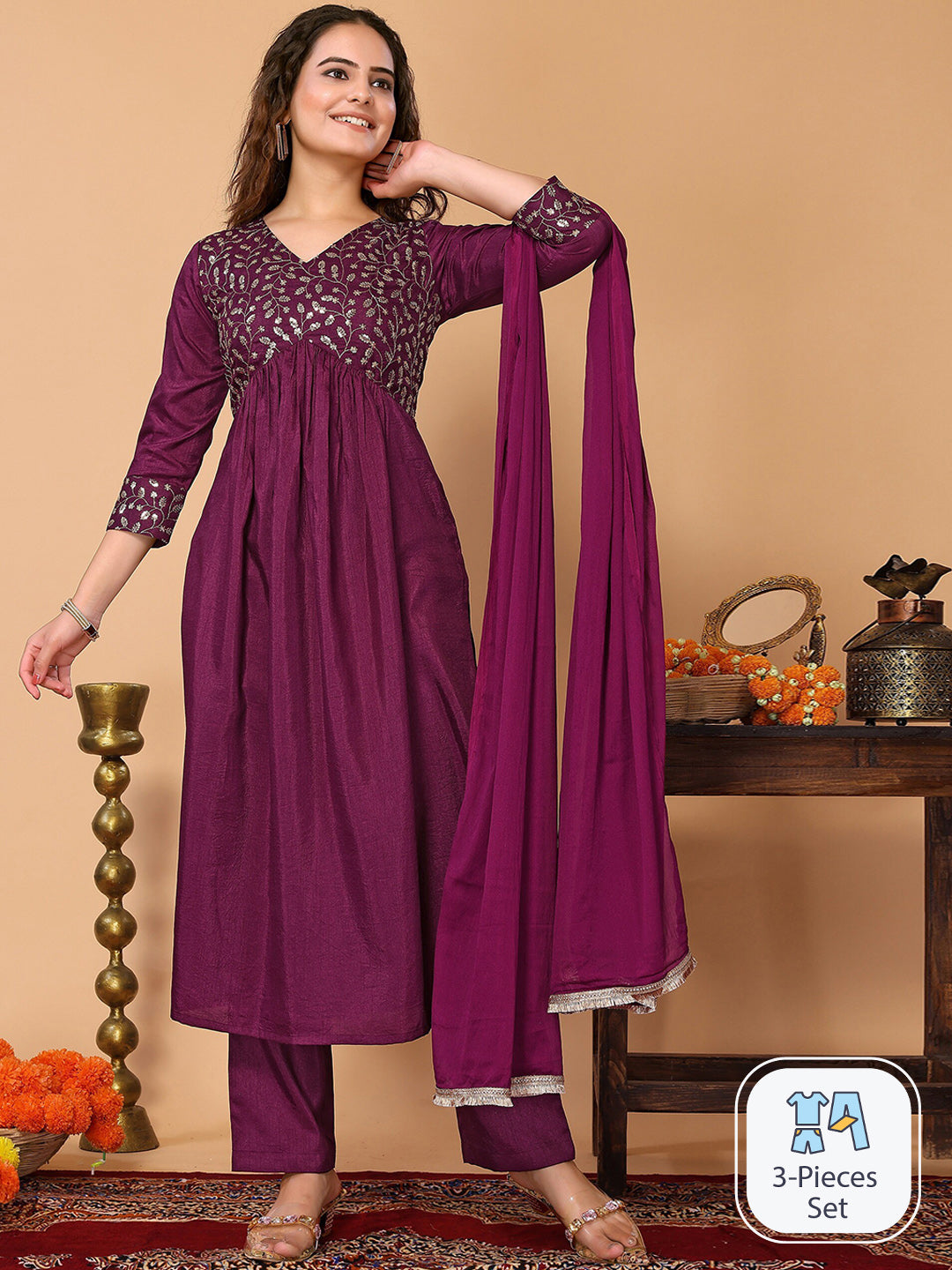 Here&now Floral Embroidered Sequinned Kurta With Trousers & Dupatta