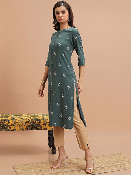 Vishudh Olive Green Floral Printed Keyhole Neck Straight Kurta