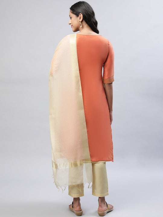 Aurelia Ethnic Motifs Woven Design Sequined A-Line Kurta with Trousers & Dupatta
