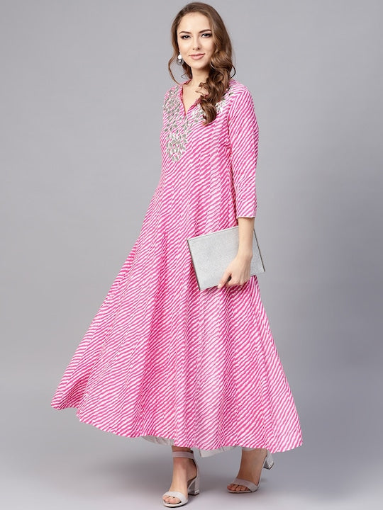 Yufta Women Pink & White Lehariya Print Anarkali Kurta