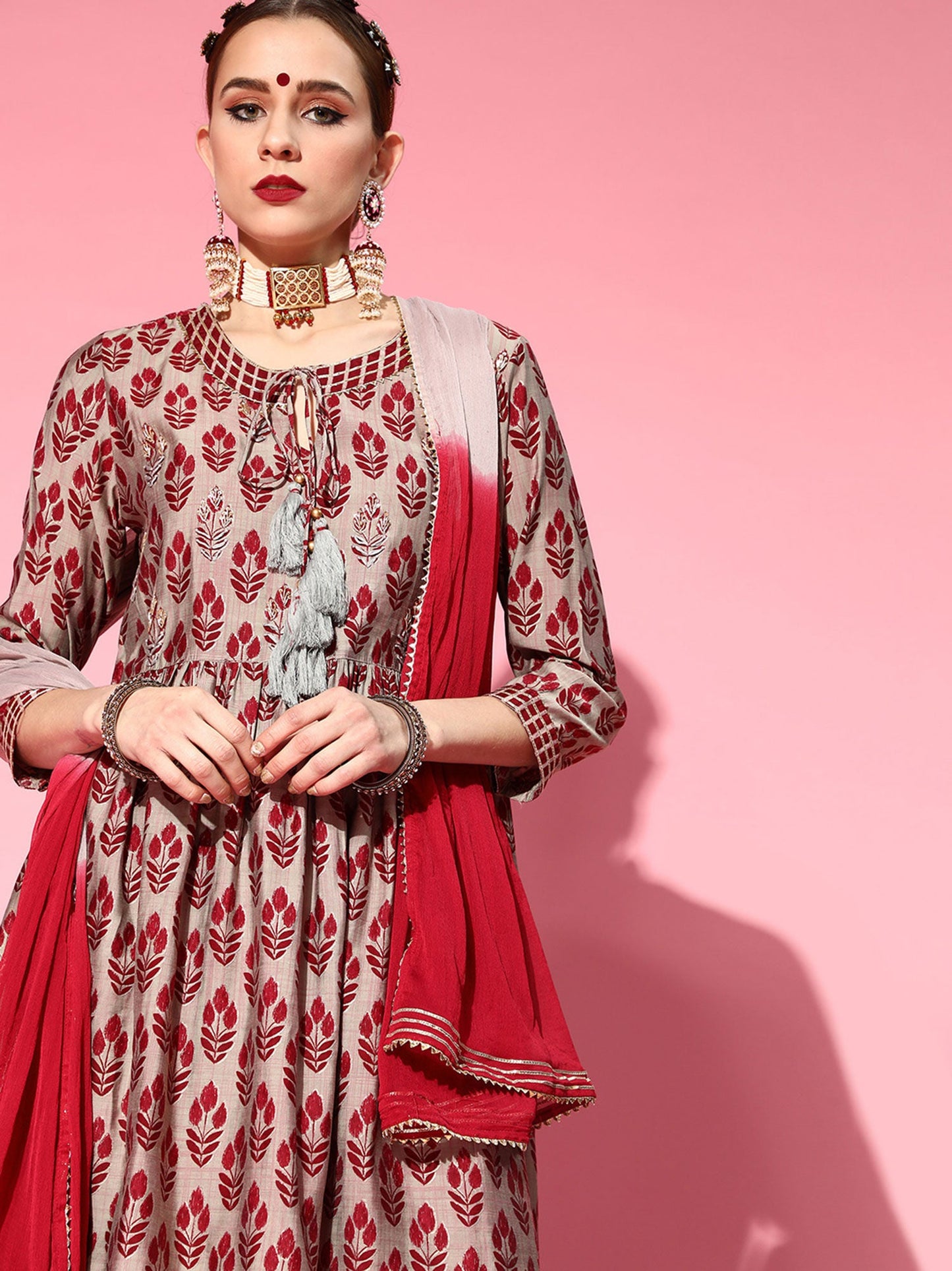 ISHIN womens Silk Blend Grey & Maroon Embroidered Anarkali Kurta Sharara Dupatta (Set of 3)