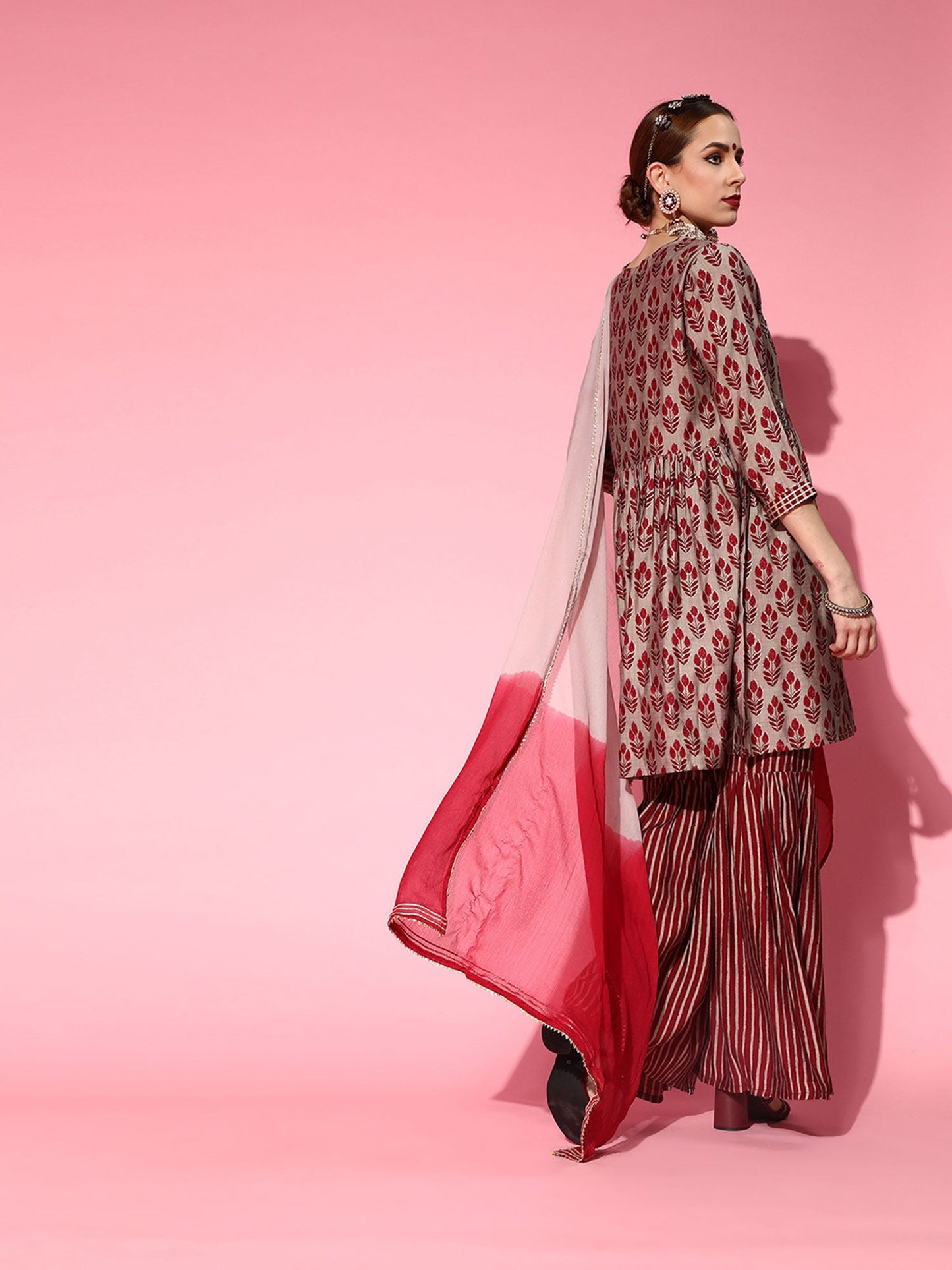ISHIN womens Silk Blend Grey & Maroon Embroidered Anarkali Kurta Sharara Dupatta (Set of 3)