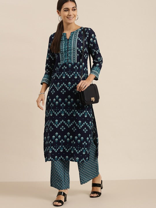 Vishudh Women Navy Blue Printed Kurta with Palazzos