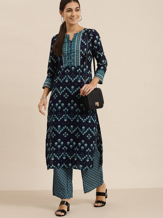 Vishudh Women Navy Blue Printed Kurta with Palazzos
