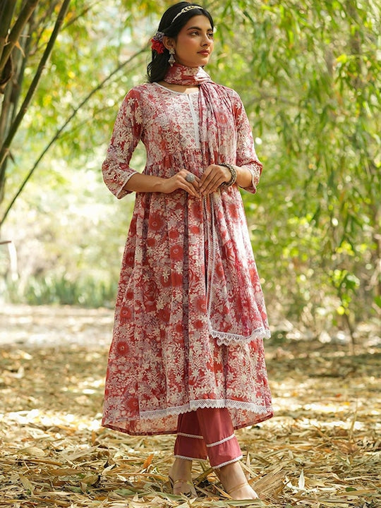 SCAKHI Floral Printed Pleated Chikankari Pure Cotton Kurta With Trousers & Dupatta