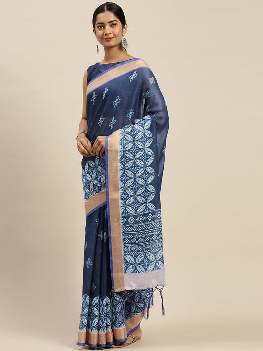 Saree mall Navy Blue & White Printed Block Print Saree
