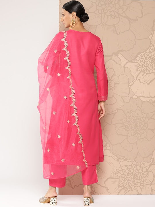 Yufta Women Embroidered Regular Thread Work Kurta with Trousers & With Dupatta