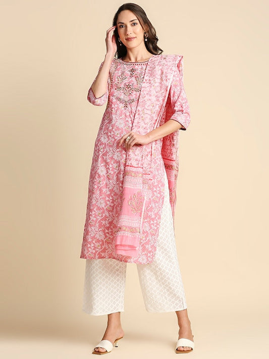Anubhutee Women Pink Ethnic Motifs Printed Pure Cotton Kurta with Palazzos & Dupatta
