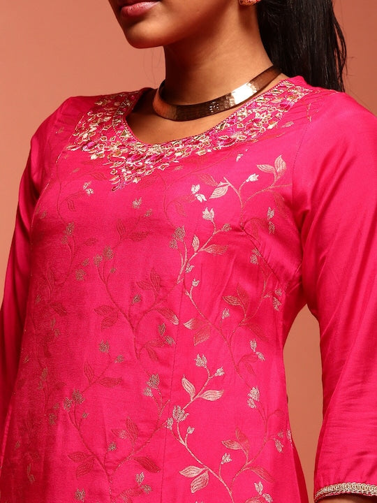 IMARA Floral Woven Design Thread Work A-Line Kurta with Trousers & With Dupatta