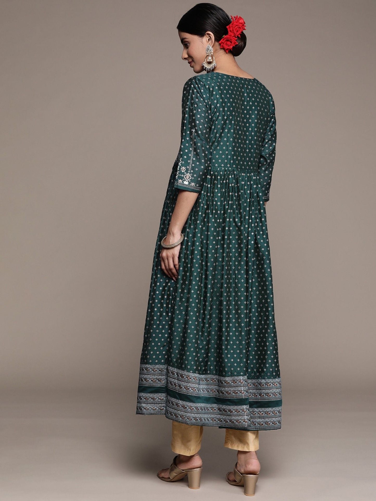 ISHIN Womens Silk Blend Teal Embellished Anarkali Kurta