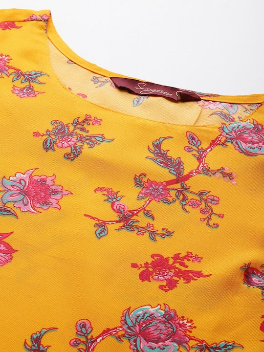 Sangria Floral Printed Puff Sleeve Kurta with Trousers