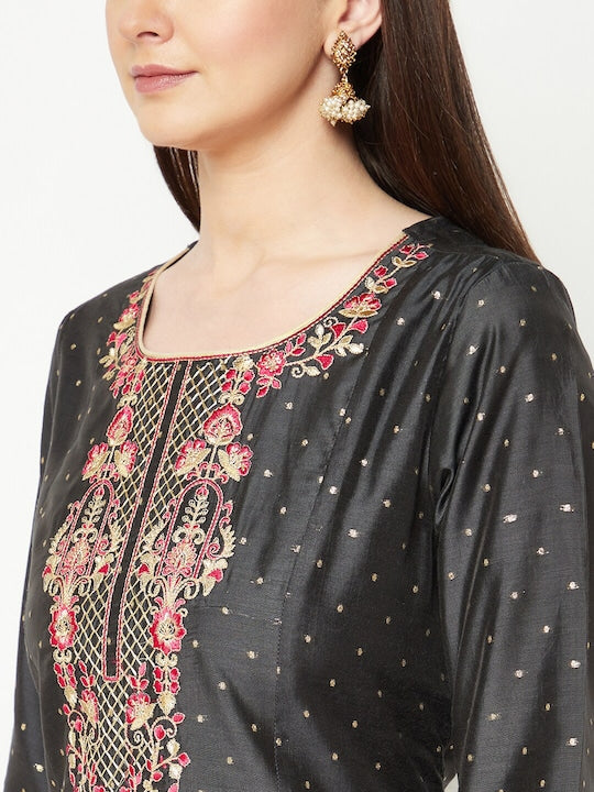 IMARA Geometric Printed Thread Work Chanderi Cotton Kurta & Trousers With Dupatta