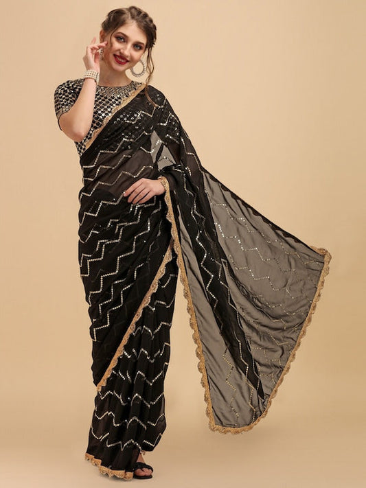 Sangria Black & Gold-Toned Embellished Sequinned Pure Georgette Saree