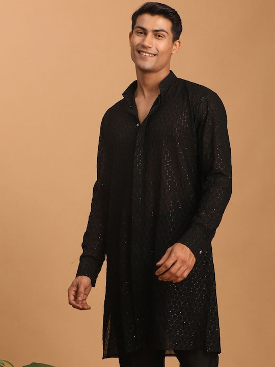 Vastramay Embellished Mandarin Collar Sequinned Georgette Kurta
