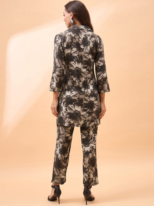 All about you Printed Shirt Collar Neck Top & Flared Trouser Co-Ords