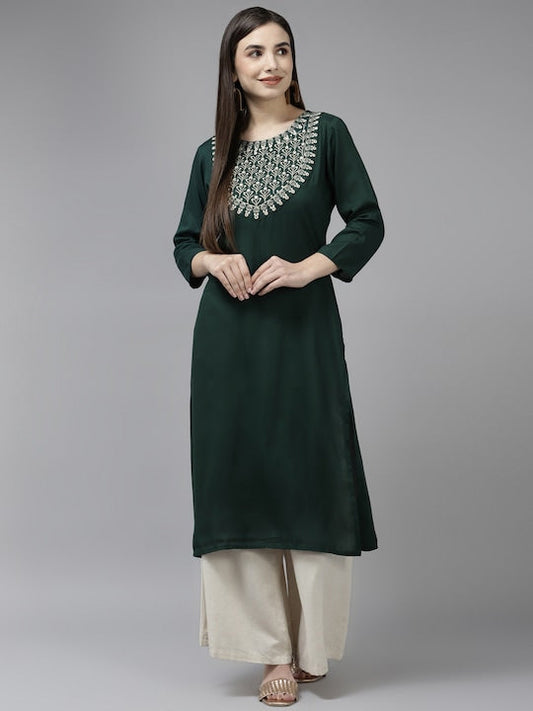 Yufta Women Green & Gold Ethnic Motifs Yoke Design Mirror Work Straight Kurta