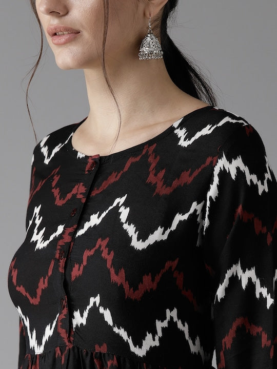 Here&now Women Black & Red Printed A-Line Kurta